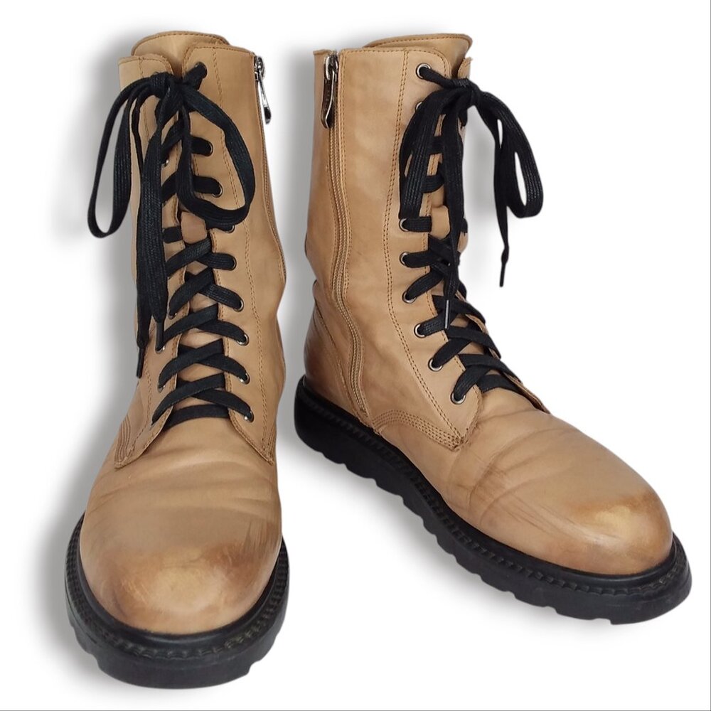 Precis Combat Boots Size 7 Tan Leather Lace Up Side Zipper Grunge Punk Military